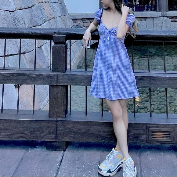 H&M Light Purple Gingham Checkered Puff-Sleeve A-Line Short Dress - Picture 6 of 6